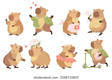 Collection of funny capybaras Sticker of happy exotic animals, cute biggest rodents, different poses and emotions Valentines love day. Flat vector design elements for card, packaging, fabrics, pattern