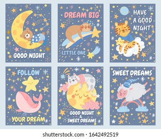 Collection of funny cards with baby sleeping animals. Set of poster for kids room. Good night. Sweet dreams. Stars, moon and cloud. Vector illustration