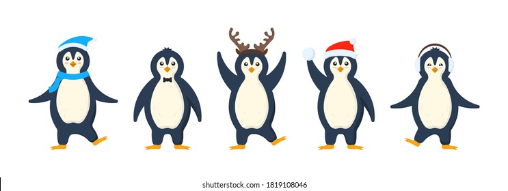 Collection of funny cartoon arctic characters animals in outerwear. Set of adorable penguins wearing winter clothing and hats. Postcard for New Year and Christmas. Vector image in cartoon flat style.