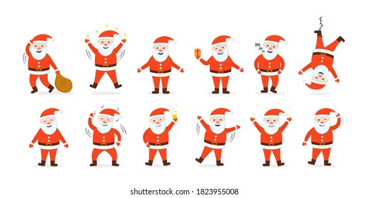 Collection of funny cartoon characters with different emotions and New Year items. Santa Clauses set is ready for the new year and Christmas. Cartoon holiday moving characters. Vector illustration.