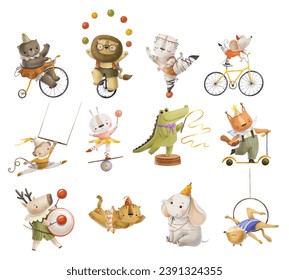 Collection of funny cartoon circus animals acrobats. Circus show isolated clipart. Kids stickers