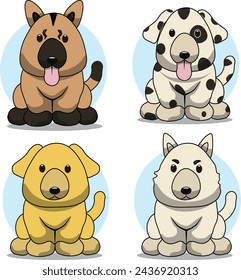 Collection of funny cartoon dogs on white background minimal style