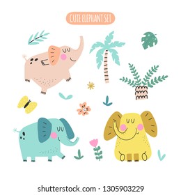 Collection of funny cartoon elephants, palms and plants isolated on white background. Vector illustration.