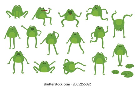 Collection of funny cartoon frog character in different poses and emotions isolated on white background, clipart, design elements – vector illustration 
