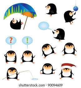 Collection of funny cartoon penguins isolated on white