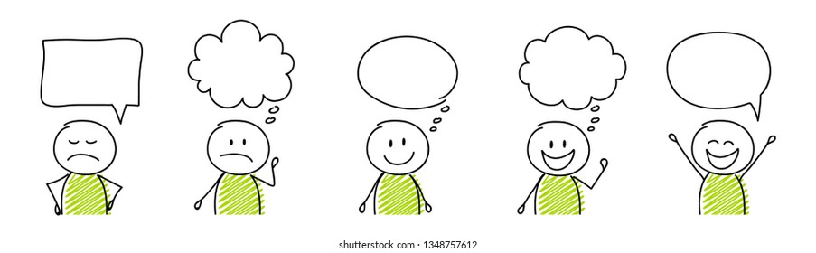 Collection of funny cartoon stickmen with empty speech bubbles. Vector
