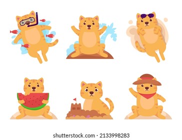 Collection funny cat on the beach doodle cartoon character design, Drawn style vector illustration, Summer holidays concept.