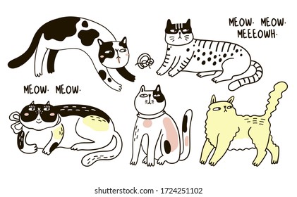 Collection of funny cats. Bundle of various cartoon cats isolated on white background. Hand drawn vector illustration