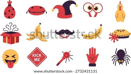 A collection of funny and chaotic vector icons perfect for April Fools' Day, featuring prank items, gag gifts, jokester faces, and a 'Kick Me' sign.