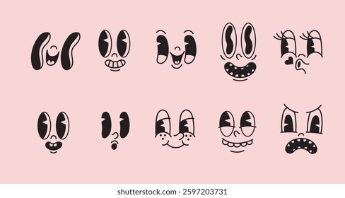 Collection of funny character faces in different emotions happy, angry, cheerful, surprised. Set of 70s, 80s cartoon comic faces. Cute retro groovy hippie vector illustration for decorative, sticker
