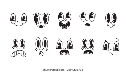 Collection of funny character faces in different emotions happy, angry, cheerful, surprised. Set of 70s, 80s cartoon comic faces. Cute retro groovy hippie vector illustration for decorative, sticker
