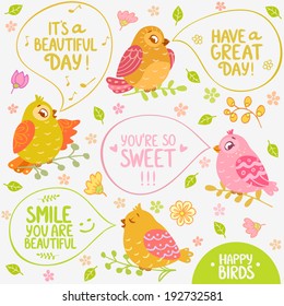 collection of funny characters birds sing with speech bubble