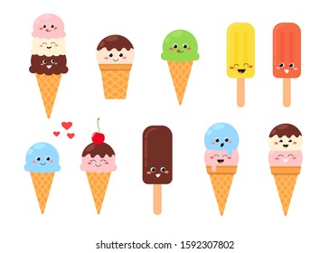 Collection of funny cheerful ice cream cartoon characters. Vector illustration isolated on white background 