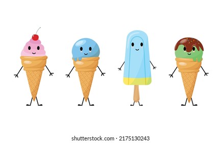 Collection of funny cheerful ice cream cartoon characters with eyes, hands and legs. Vector illustration isolated on white background