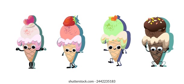 Collection of funny cheerful ice cream cartoon characters. Vector illustration isolated on white background