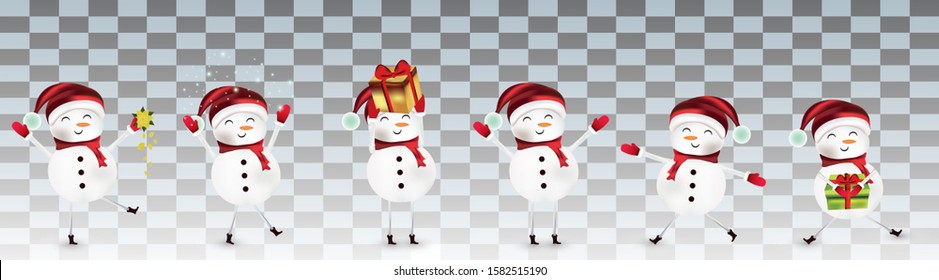 Collection of funny Cheerful snowmans. Cute Christmas snowmans isolated on transparent background. Snowman with gift present. Icon set. Vector illustration