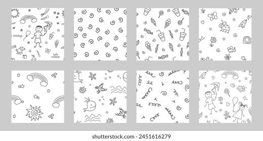 Collection of Funny children Doodle backgrounds. Black and white seamless Pattern. Abstract Kids drawing illustration set. Summer Holidays, happy time, Childhood concept