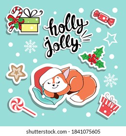 Collection of funny christmas foxe in santa claus hat on blue background isolated. Fashion patch badges. Christmas items