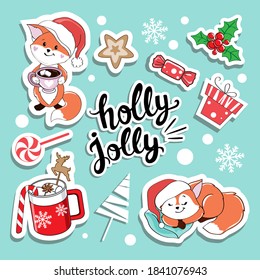 Collection of funny christmas foxes in santa claus hat on blue background isolated. Fashion patch badges