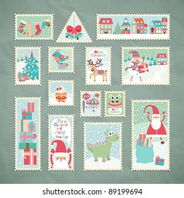 Collection of funny Christmas post stamps. Vector illustration.