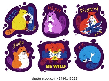 Collection of funny colorful beavers in different poses with text isolated on white background. Cute beavers gnaw wood, sleep and rejoice. Wild nature. Rodent animals. Cartoon vector illustration.