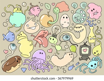 Collection of funny colorful cartoon doodle illustrations