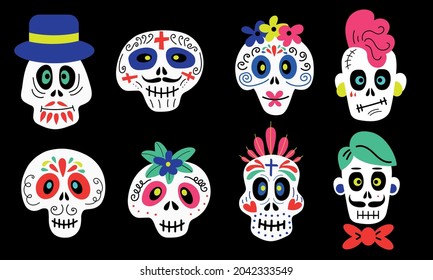 Collection of funny colorful cartoon skulls of different types on black background for Halloween and Day of the dead celebration concept designs