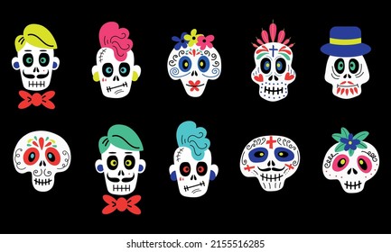 Collection of funny colorful cartoon skulls of different types on black background for Halloween and Day of the dead celebration concept designs