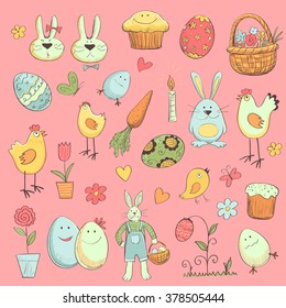 A collection of funny colorful Easter sketches in cartoon style