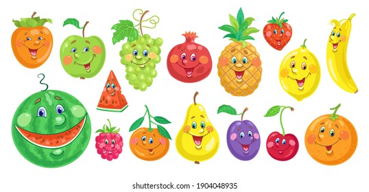 Collection of funny colorful fruits. In cartoon style. Isolated on white background. Vector flat illustration.