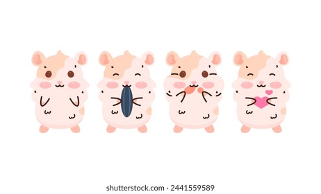 a collection of funny, cute and adorable hamster illustrations. Hamster characters with various poses and expressions. clip art and stickers. animals or rodents. flat style illustration concept design