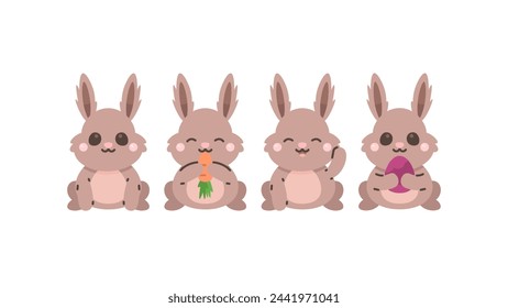 a collection of funny, cute and adorable rabbit illustrations. Rabbit character with various poses and expressions. clip art and stickers. easter animals. flat style illustration concept design