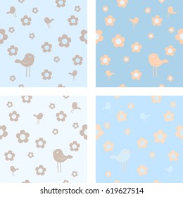 A collection of funny cute blue cartoon seamless patterns with birds and flowers