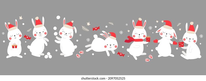 A collection of funny cute bunnies for the new year. Rabbits in winter Santa hats give gifts for Christmas. Print with flakes, snowballs, sweets. Vector graphics.