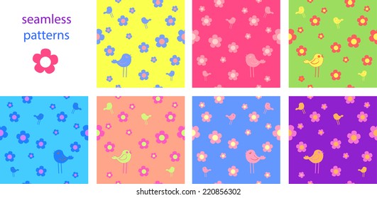 A collection of funny cute cartoon seamless  bright contrast patterns with birds and flowers