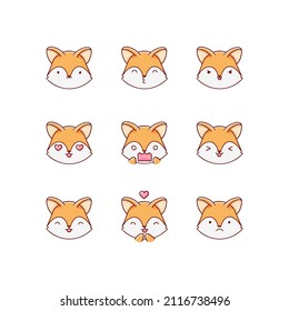 Collection of funny cute fox emoticon characters in different emotions. Illustration