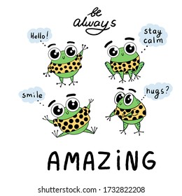 Collection of funny cute frogs in a T-shirt in different poses with text. Humorous vector picture with animals. Stickers for printing, print for t-shirts.