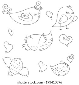 A collection of funny cute hand drawn black and white birds