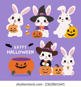 Collection of funny and cute happy kawaii rabbits for the Halloween holiday.Set of pumpkin bunny. Collection bunny with pumkin. Happy Halloween.