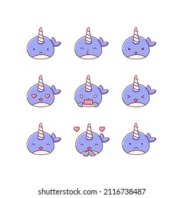 Collection of funny cute narwhal emoticon characters in different emotions. Illustration