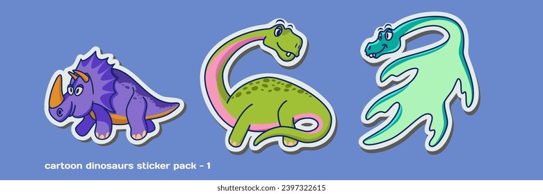 A collection of funny dinosaur vector cartoon character stickers in isolated solid colors background. The first sticker pack features a Triceratops, Plesiosaurs, and Brontosaurus.