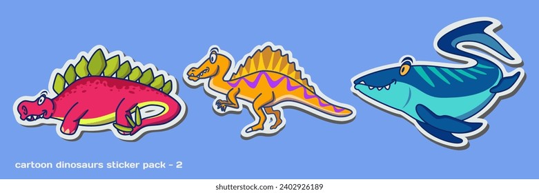 A collection of funny dinosaur vector cartoon character stickers in isolated solid colors background. The second sticker pack features a Stegosaurus, Spinosaurus, and Mosasaurus.