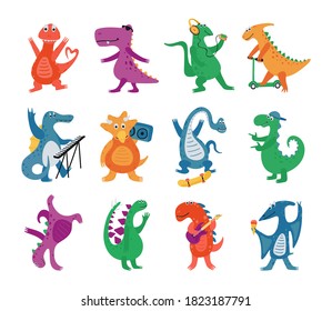Collection funny dinosaurs in cartoon style isolated on a white background. Bright cute animal characters play musical instruments, dance and ride a skateboard and scooter. Vector illustration