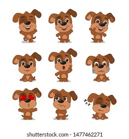 Collection of funny dog in cartoon style in different poses and emotions isolated on white background
