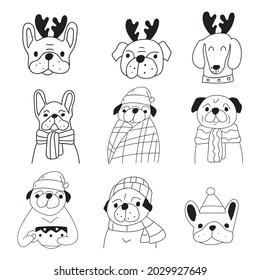 Collection of funny dogs. Christmas concept. Outline vector illustrations on white background.