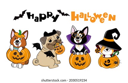 Collection of funny dogs for the day of Halloween and the inscription Happy Halloween. Vector illustration banner isolated