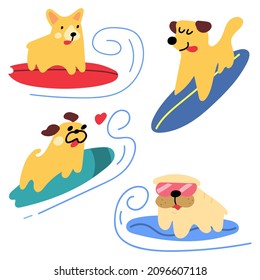 Collection of funny dogs on surfboards. Vector illustrations on white background.