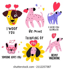 Collection of funny dogs for Valentine's day. Vector hand drawn illustrations.