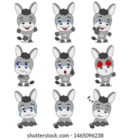 Collection of funny donkey in cartoon style in different poses isolated on white background