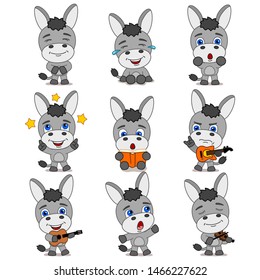 Collection of funny donkey in cartoon style in different poses and with musical instruments